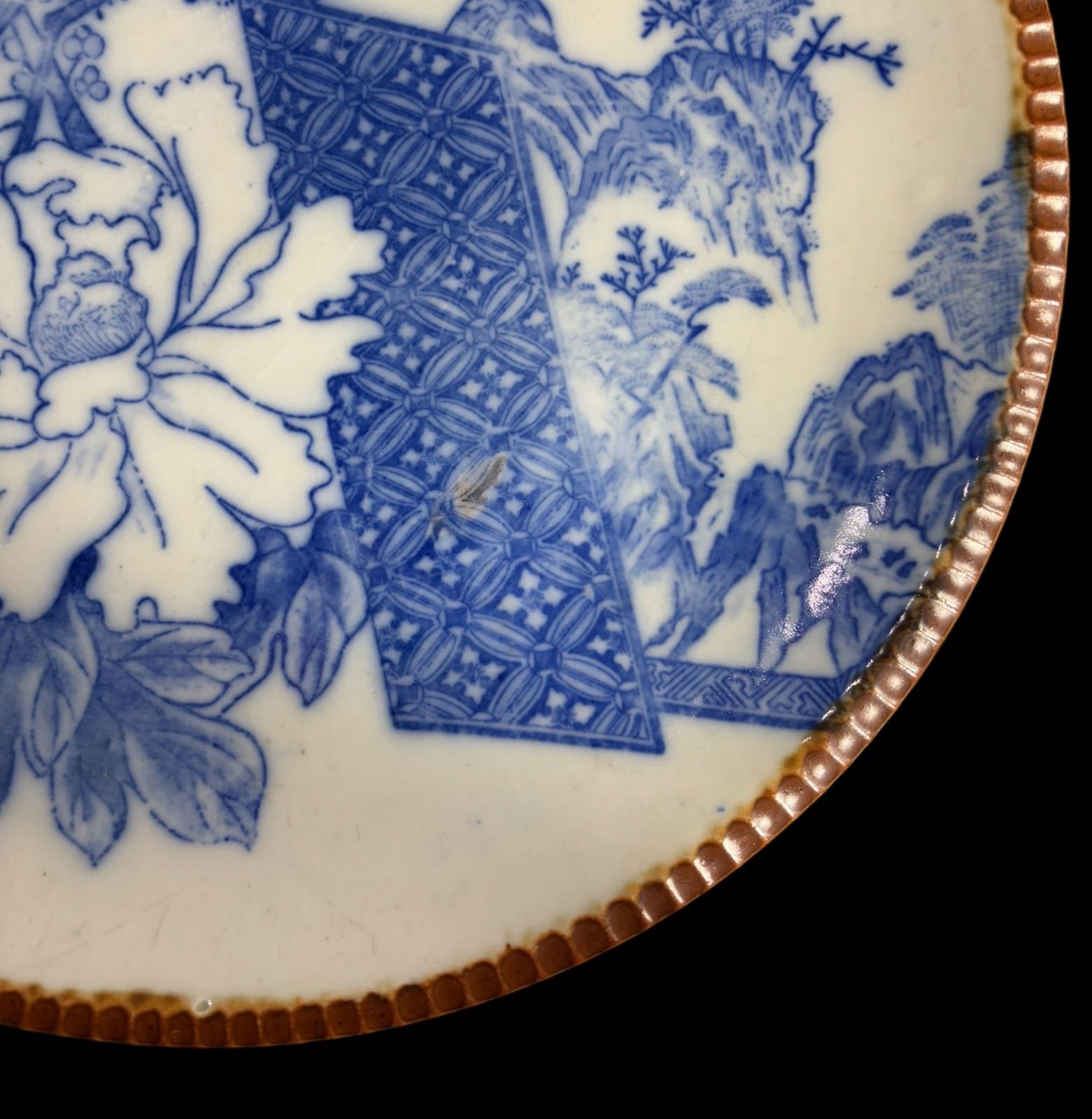 明治期 古伊万里 印判 牡丹梅山水図 染付 大皿 イゲ皿 取り皿 飾り皿