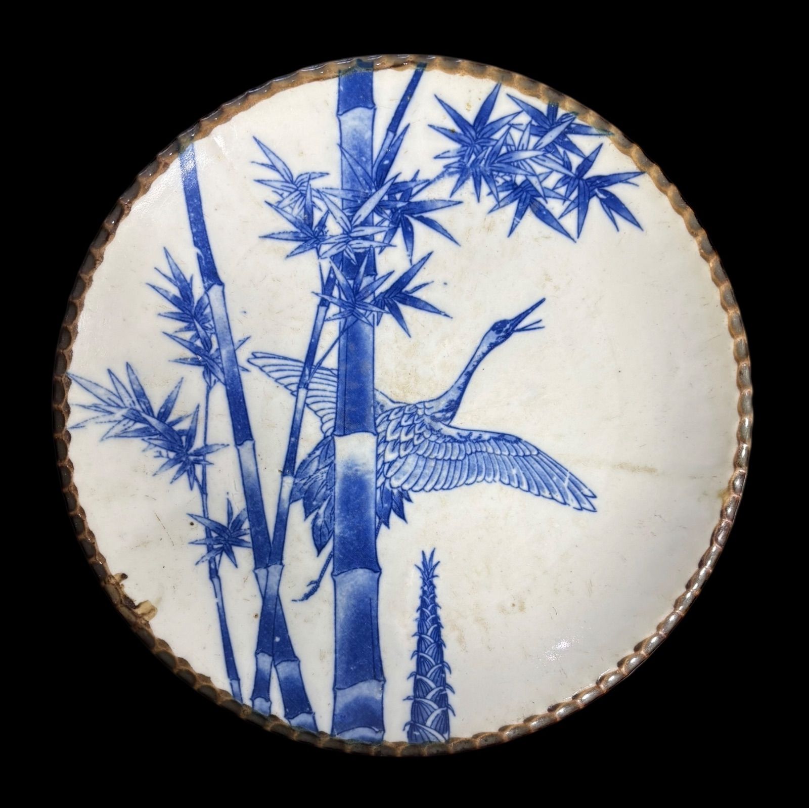 5客セット】 古伊万里 印判 鶴 竹 染付 丸皿 イゲ皿 取り皿 飾り皿 和