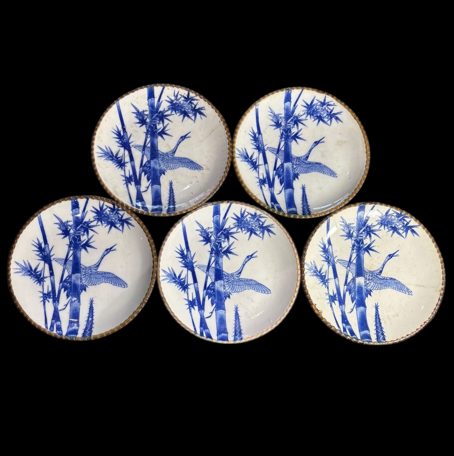 5客セット 古伊万里 印判 鶴 竹 染付 丸皿 イゲ皿 取り皿 飾り皿 和食器 大正 伊万里 陶器 骨董品 アンティーク