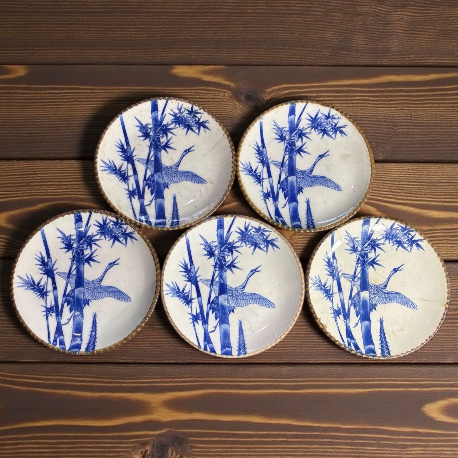 5客セット】 古伊万里 印判 鶴 竹 染付 丸皿 イゲ皿 取り皿 飾り皿 和