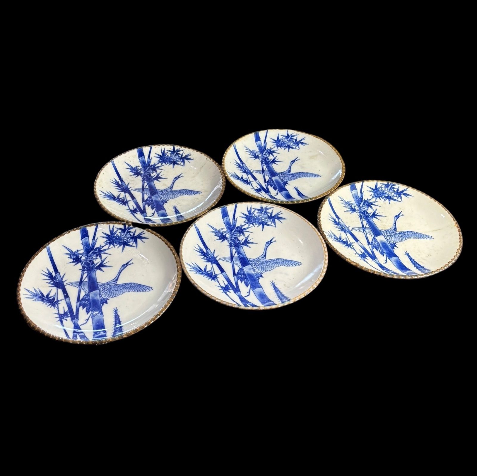 皿　丸皿　古伊万里　染付　陶器　骨董　置物　インテリア　工芸品　美術品 5客セット】 古伊万里 印判 鶴 竹 染付 丸皿 イゲ皿 取り皿 飾り皿 和