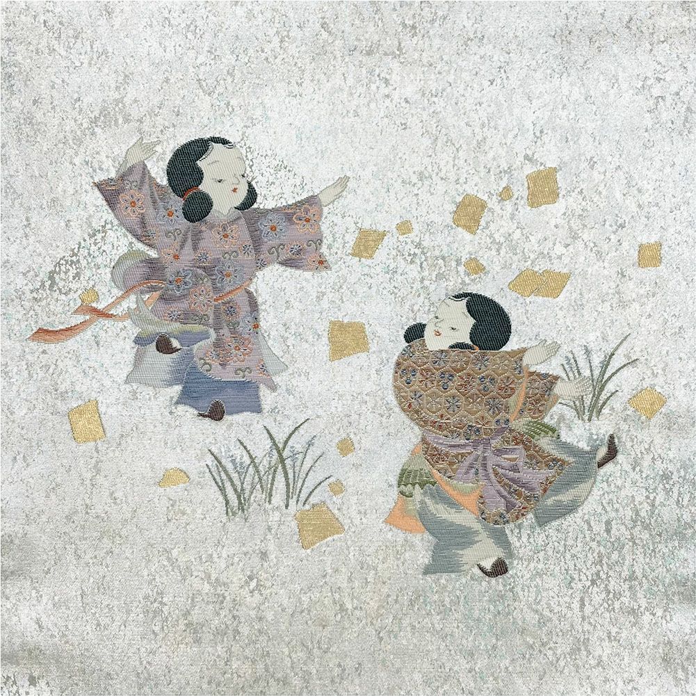 たんす屋 リユース帯 帯 袋帯 銀 富田峰雲 フォーマル セミフォーマル 六通 切箔 踊るわらべ