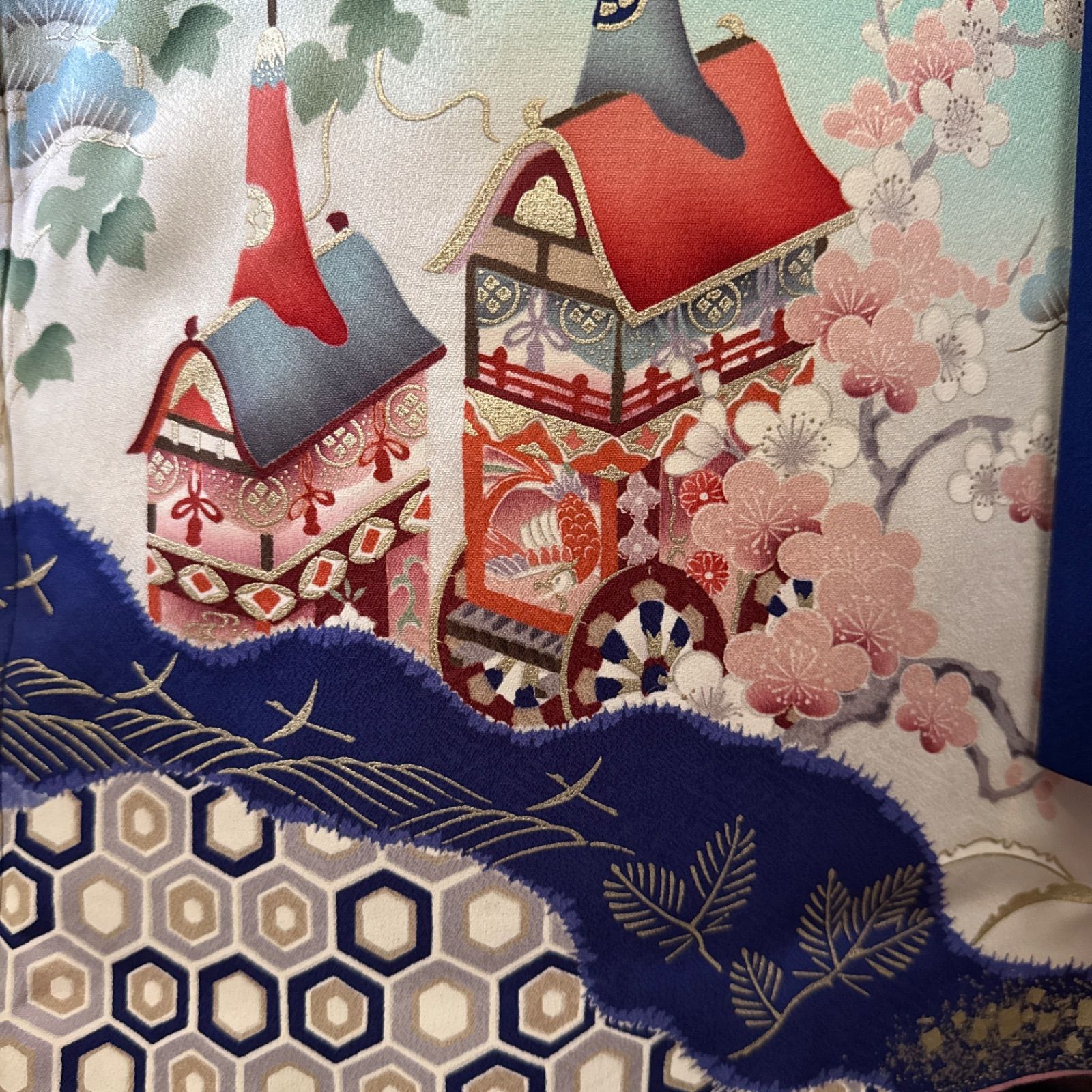  豪華振袖セット 4点 袋帯 長襦袢 半衿 重ね衿 正絹 古典柄 金駒刺繍 飛鶴 山鉾 藤 鴛鴦 振袖 着物