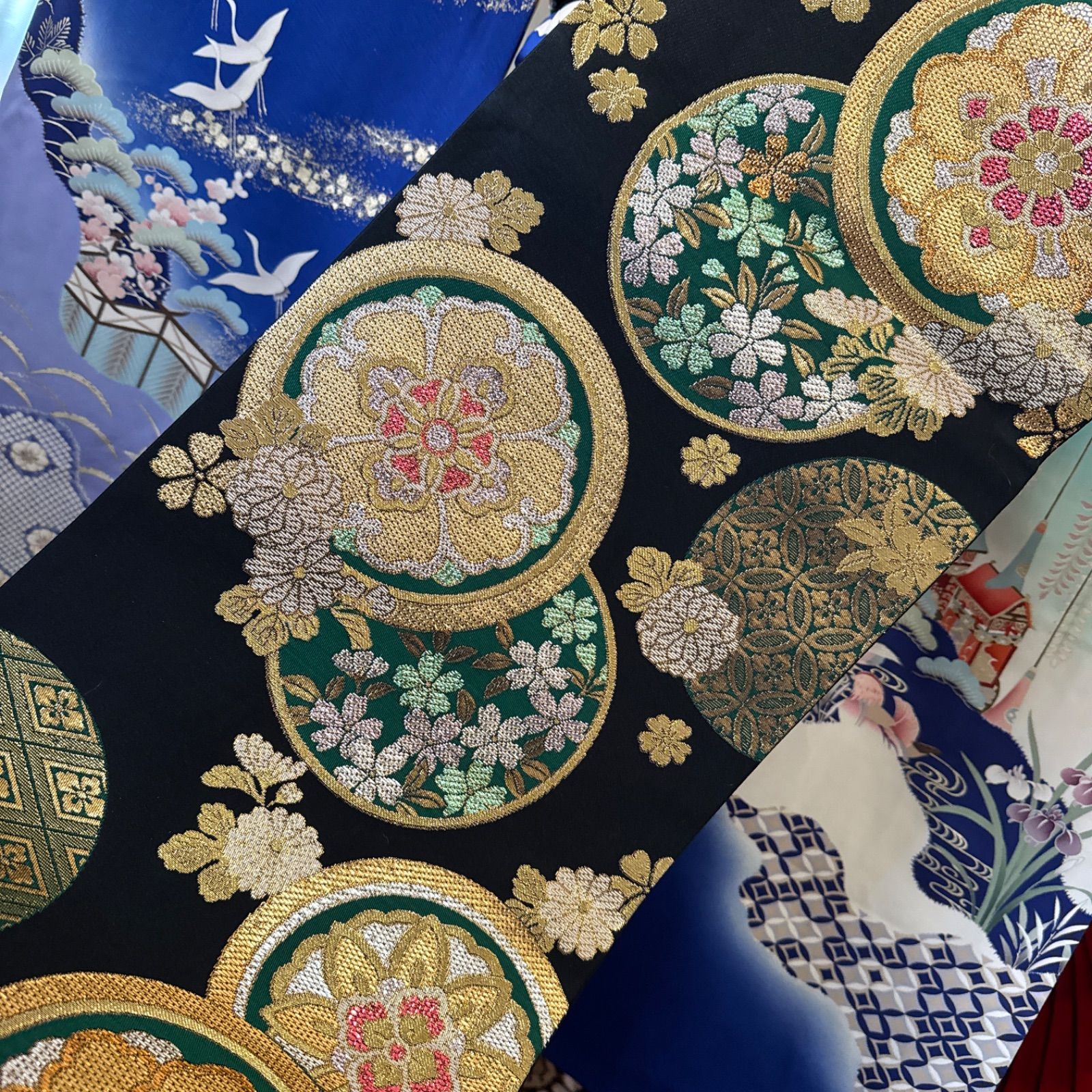 豪華振袖フルセット(4点)・袋帯・長襦袢・半衿・重ね衿・正絹・古典柄