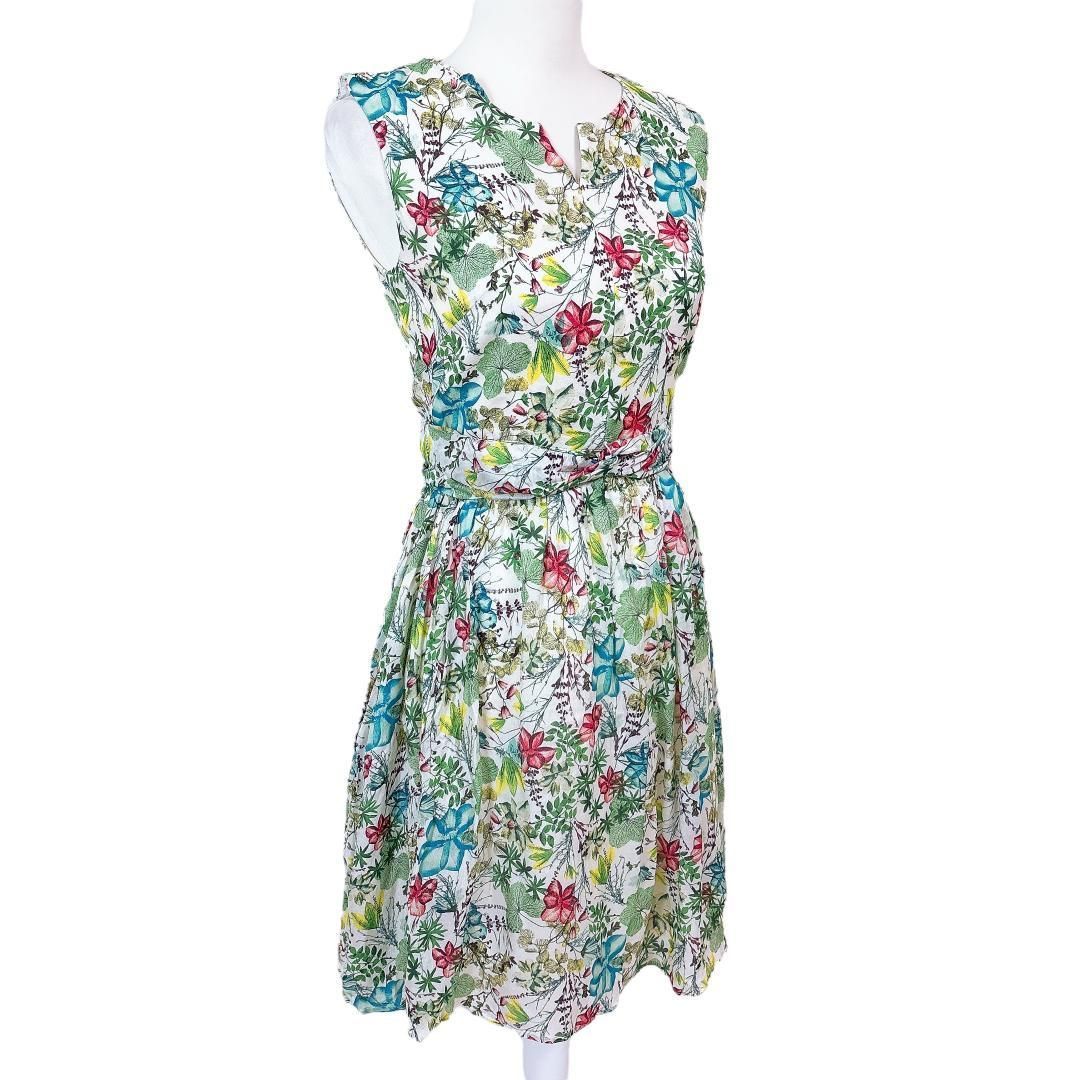 美品 アナイ ノースリーブワンピース 絹100 38 花柄 総柄 白×黄緑×黄