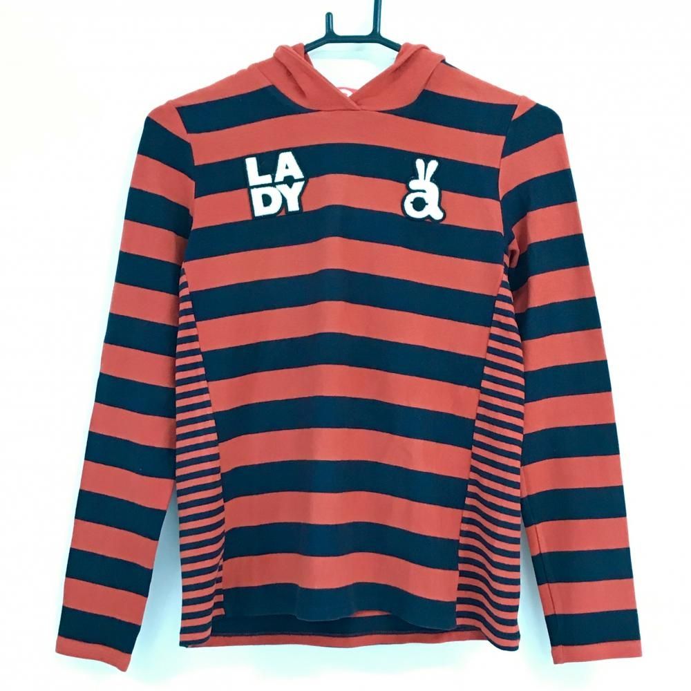 アルチビオ フード付長袖シャツ レッド系 ダークネイビー ボーダー 微起毛 フロントロゴ レディース 40 L ゴルフウェア archivio