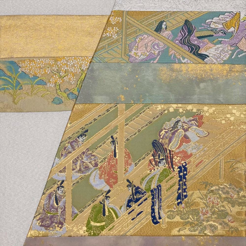 たんす屋 リユース帯 帯 袋帯 白 金 フォーマル セミフォーマル 六通 切箔 金糸 銀糸 切り嵌め 平安絵巻 天平文