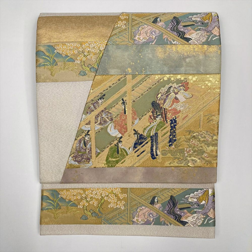 たんす屋 リユース帯 帯 袋帯 白 金 フォーマル セミフォーマル 六通 切箔 金糸 銀糸 切り嵌め 平安絵巻 天平文