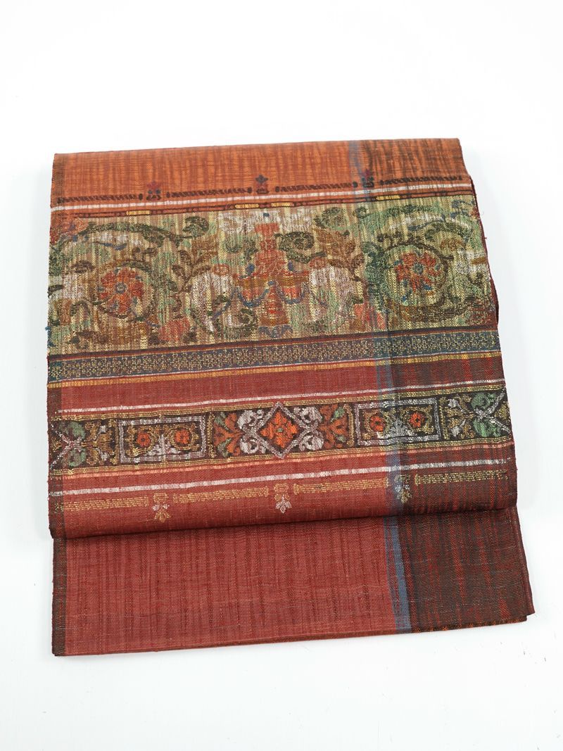 リサイクル 袋帯 渡文製 すくい織 西陣織 更紗紋 正絹 _ 西陣 カジュアル おしゃれ着 洒落着 普段着 パーティ お茶会 お稽古 練習 仕立て上がり fo 6625 dk