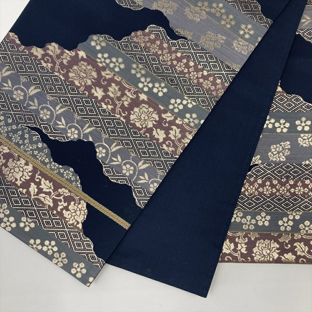  たんす屋 リユース帯 帯 袋帯 紺 フォーマル セミフォーマル 切箔 道長取り 名物裂 袋帯 帯