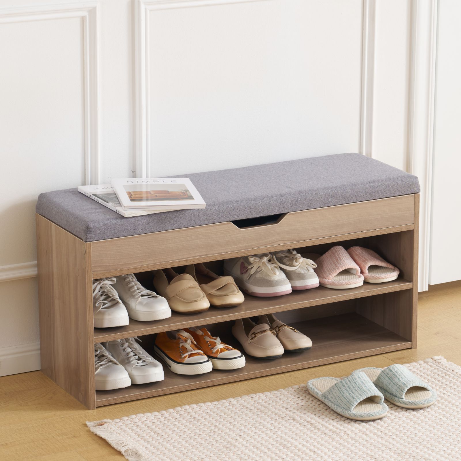 玄関ベンチ シューズラック 収納ボックス付き 耐荷重 150 KG 高反発クッション座面 静音ヒンジ 省スペース コンパクト おしゃれ マルチ用途 来客対応 靴 小物収納