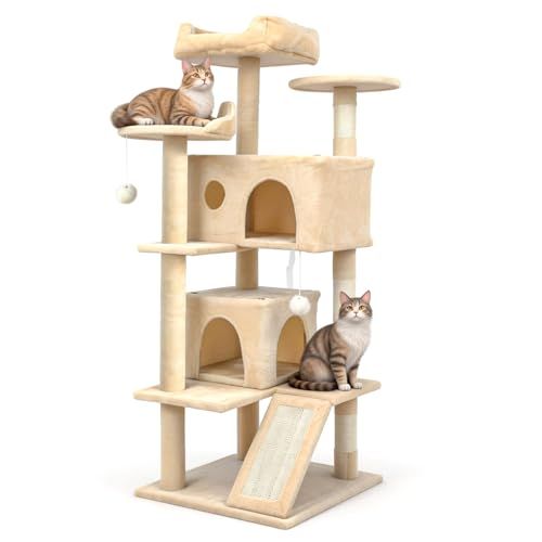 Saiveina キャットタワー 猫タワー 多頭飼い 据え置き 安定感 おもちゃ 猫ベッド 爪とぎ 隠れ家 運動不足解消 高さ133 cm 大型猫 ベージュmm
