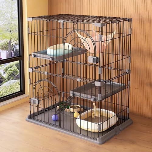 猫ケージ キャットケージ 2段 スリム 大型猫用 幅76 奥行50 5 高さ89 cm ペットケージ 組み立て簡単 梯子 ワイド扉付き コンパクト おしゃれ 日本語説明書 頑丈 耐荷重10 kg グレー mm