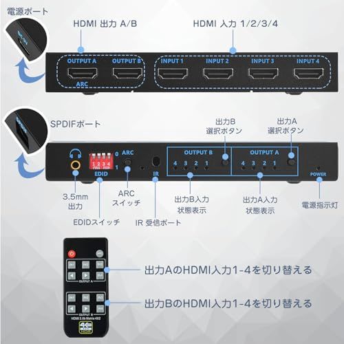  HDMIマトリックス 4入力2出力 HDMI 2 0 b HDCP HDR 10 4 K 60 Hz EDID Ultra HD 3 D ARC HIFI対応 IRリモコン付きmm PC切替器(KVM) 分配器 切替器
