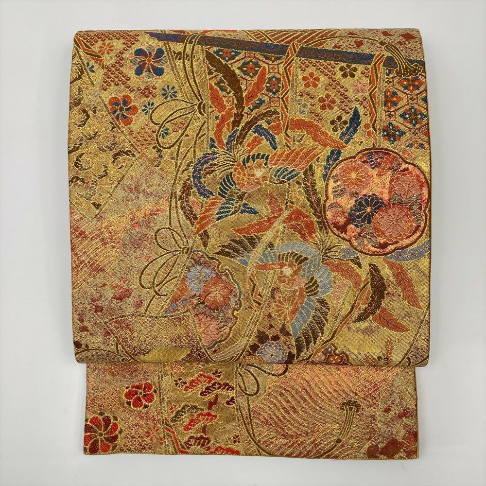 たんす屋 リユース帯 帯 袋帯 金 フォーマル セミフォーマル 六通 切箔 金糸 几帳に花鳥 波に砂子