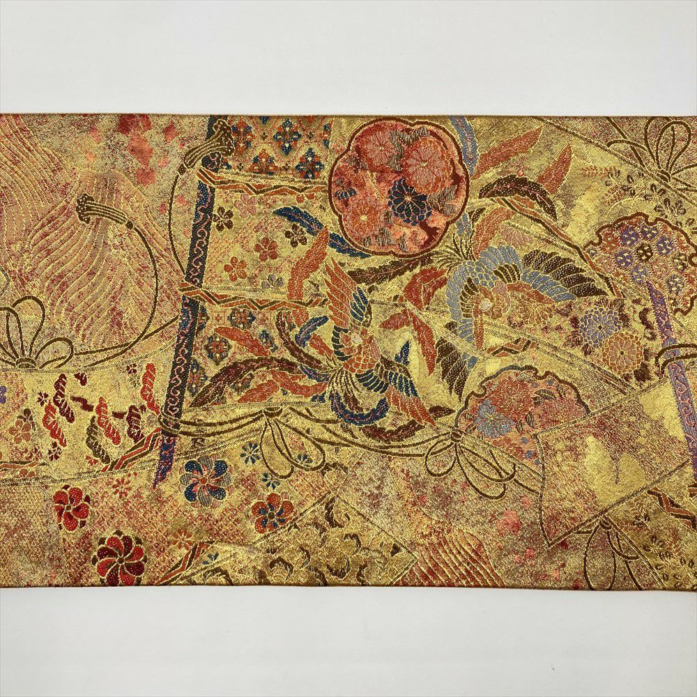 たんす屋 リユース帯 帯 袋帯 金 フォーマル セミフォーマル 六通 切箔 金糸 几帳に花鳥 波に砂子 日本向けサイズ 袋帯 