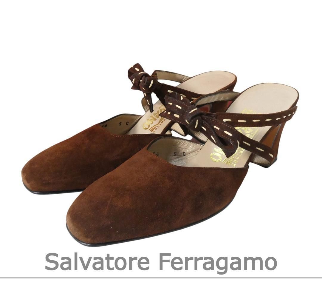 Salvatore Ferragamo サルヴァトーレフェラガモ サイズ5 C 約22 5 cm スエード レザー リボン ステッチ スクエアトゥ チャンキーヒール サンダル ミュール 茶 ブラウン レディース