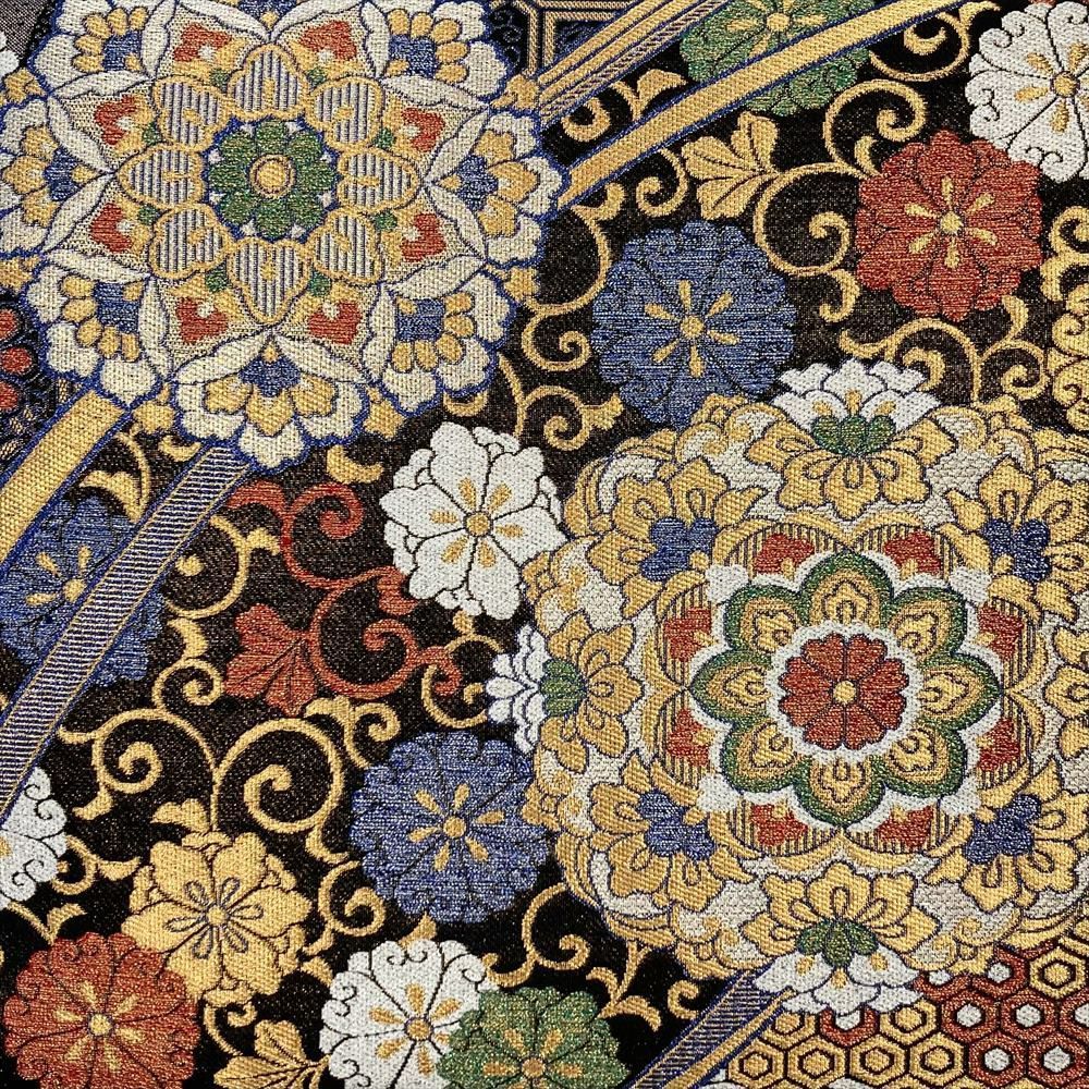 たんす屋 リユース帯 帯 振袖用袋帯 黒 金 フォーマル 振袖用 六通 金糸 銀糸 華文 花唐草 吉祥文