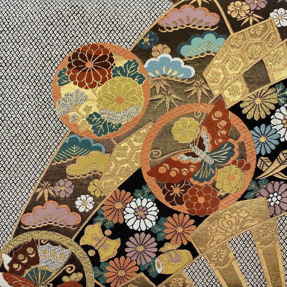 たんす屋 リユース帯 帯 袋帯 黒 金 フォーマル セミフォーマル 六通 切箔 金糸 銀糸 丸文に花蝶 源氏車 吉祥文 宝尽くし 疋田