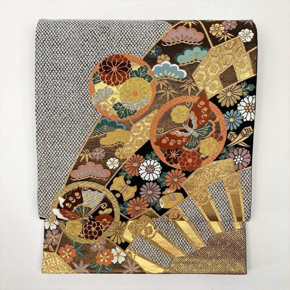 たんす屋 リユース帯 帯 袋帯 黒 金 フォーマル セミフォーマル 六通 切箔 金糸 銀糸 丸文に花蝶 源氏車 吉祥文 宝尽くし 疋田