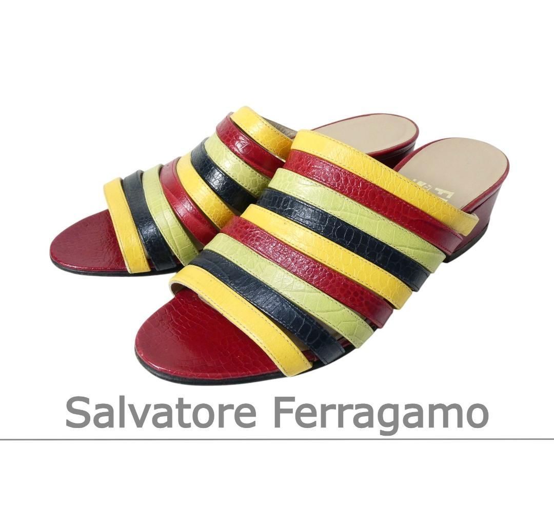 Salvatore Ferragamo サルバトーレフェラガモ 4 5 D 約22㎝ レザー オープントゥ チャンキーヒール サンダル ミュール マルチカラー レディース