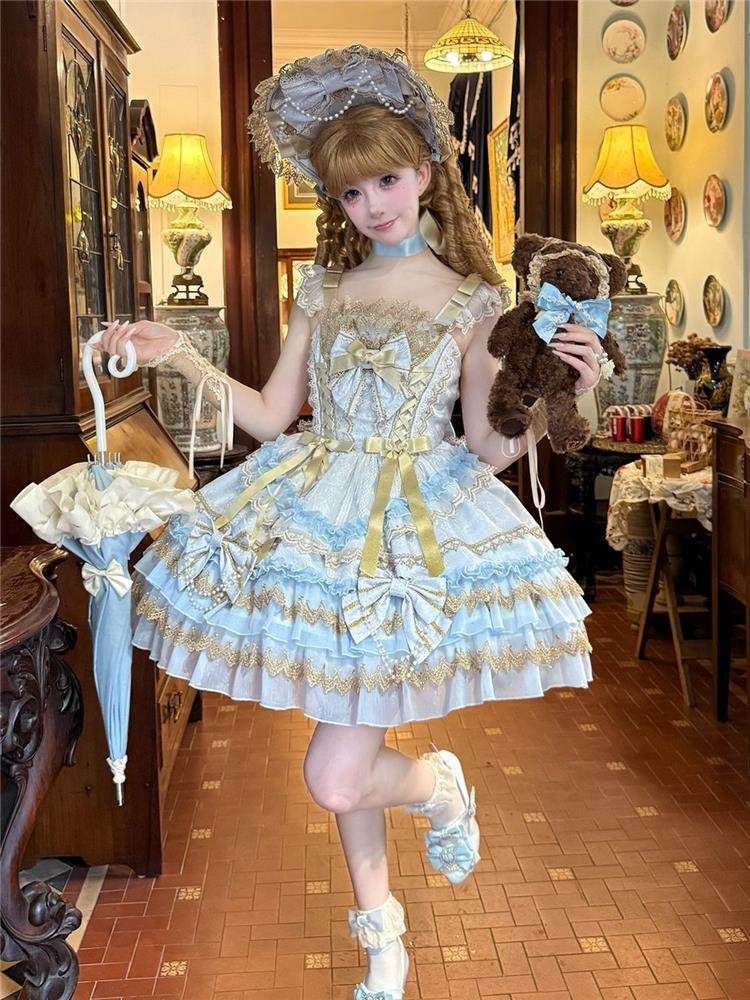 ロリータ3点セット JSK ボンネット テイルパネル lolitaドレス コスプレ衣装 ゴスロリ 感 舞台衣装 イベント向け 普段着ブルー