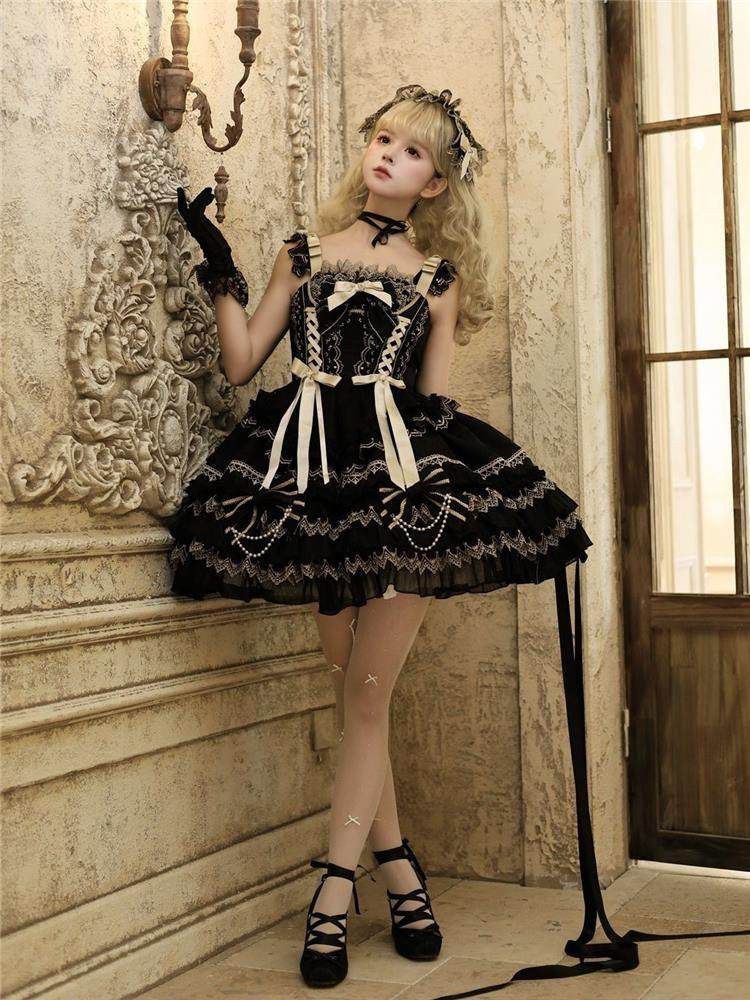 ロリータツーピース JSK ヘアバンド lolitaドレス コスプレ衣装 ゴスロリ 感 舞台衣装 イベント向け 普段着ブラック