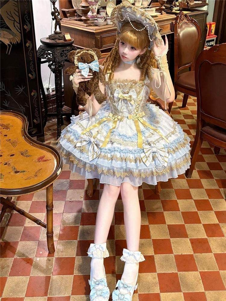 ロリータ3点セット JSK ヘアバンド テイルパネル lolitaドレス コスプレ衣装 ゴスロリ 感 舞台衣装 イベント向け 普段着ブルー