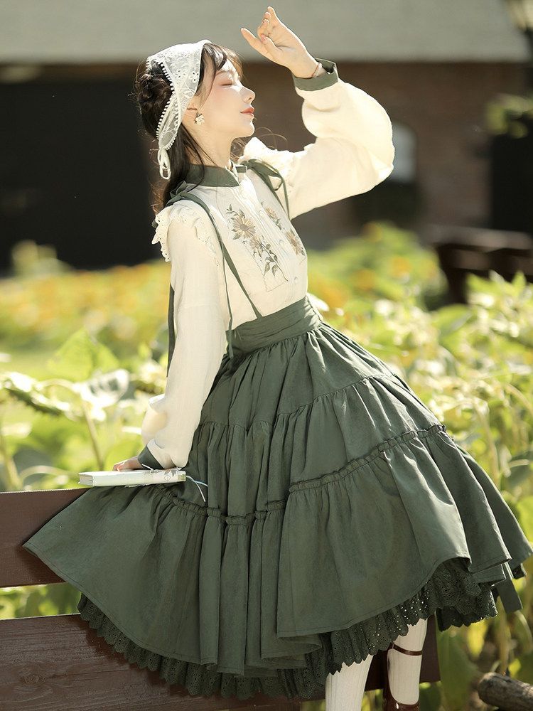 カントリー風ロリータ コスプレ衣装 ゴスロリJSK lolitaツーピース ブラウス サスペンダースカート 感 舞台衣装 イベント向け 普段着