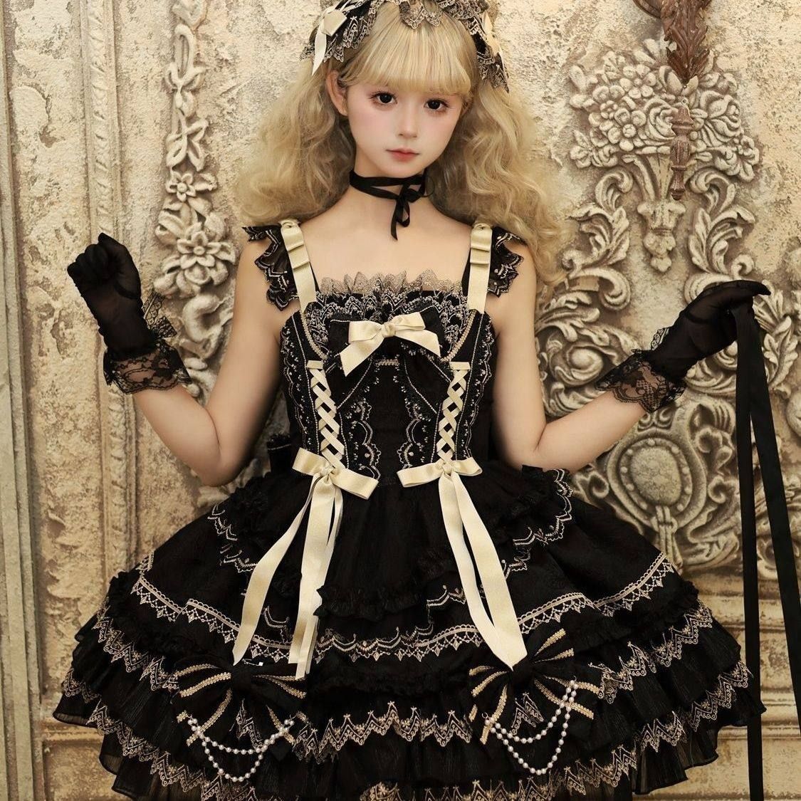 ロリータツーピース JSK ヘアバンド lolitaドレス コスプレ衣装 ゴスロリ 感 舞台衣装 イベント向け 普段着ブラック