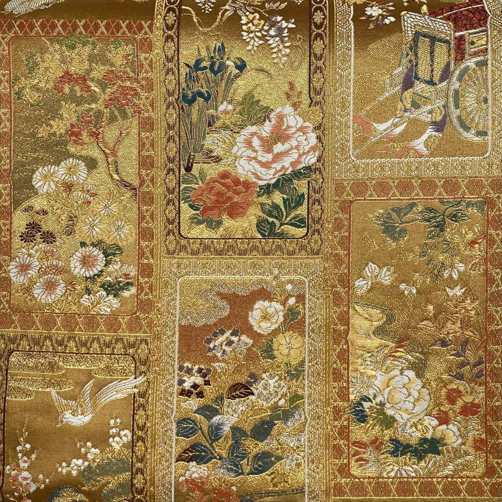 たんす屋 リユース帯 帯 袋帯 金 フォーマル セミフォーマル 六通 切箔 金糸 花鳥 松島 琳派調