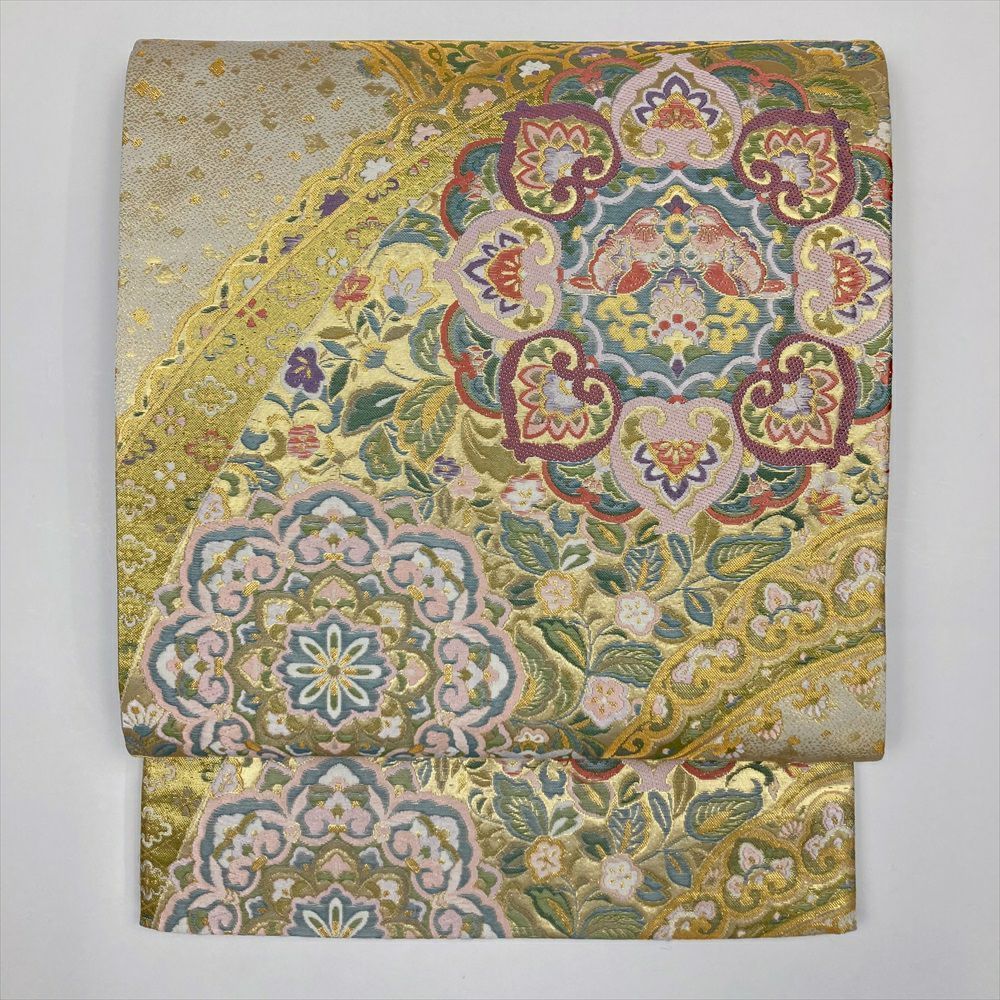 たんす屋 リユース帯 帯 袋帯 金 白 フォーマル セミフォーマル 六通 金糸 色糸 華文 蔓花 天平文