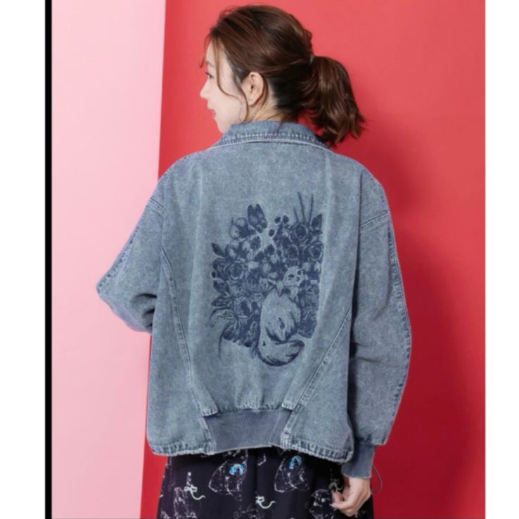 Scolar ヴィンテージ風ネコ刺繍デニムジャケット