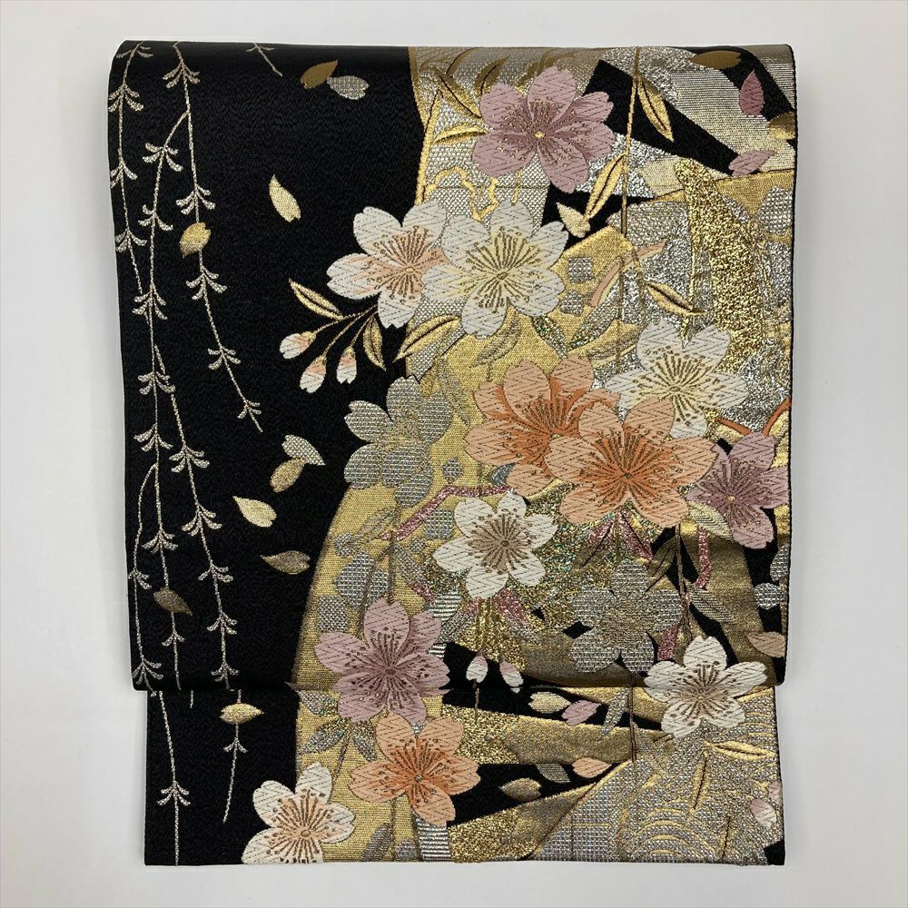 たんす屋 リユース帯 帯 袋帯 黒 フォーマル セミフォーマル 六通 切箔 金糸 銀糸 源氏車 桜