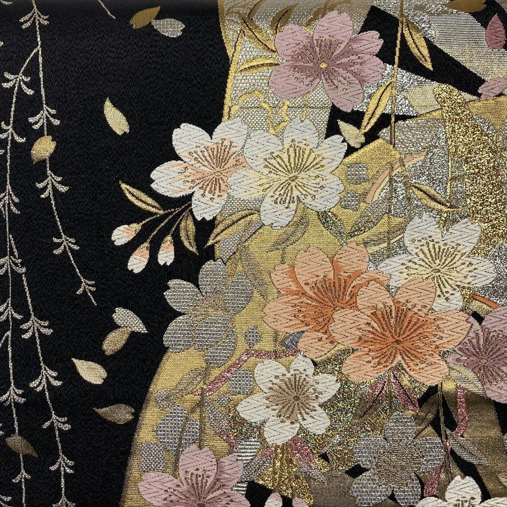 たんす屋 リユース帯 帯 袋帯 黒 フォーマル セミフォーマル 六通 切箔 金糸 銀糸 源氏車 桜