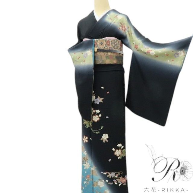 正絹 金駒刺繡 トールサイズ 訪問着 着物 A3826 京友禅 金駒刺繍 トールサイズ 金彩 唐花 訪問着 袷 黒 グレー 白 1387