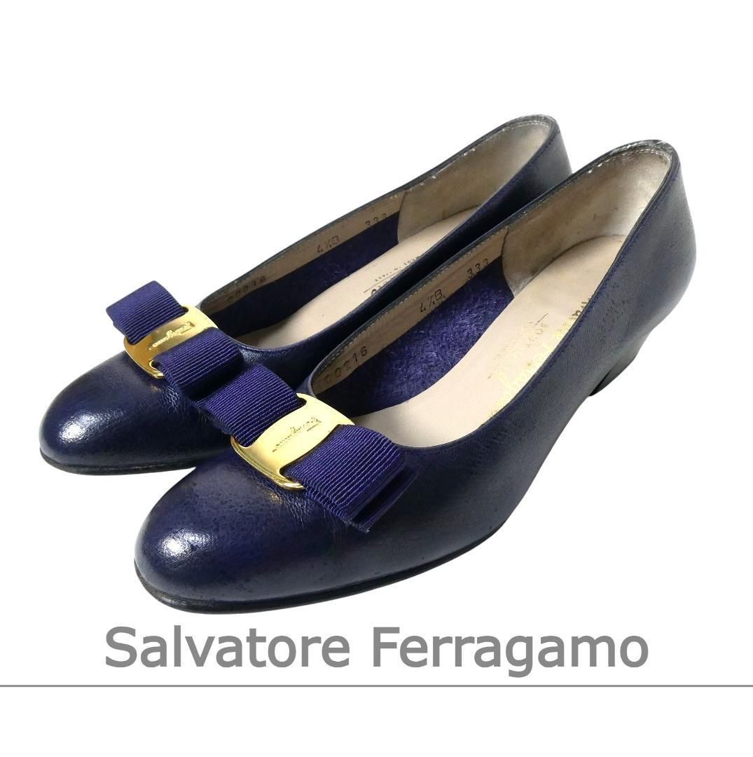 Salvatore Ferragamo サルヴァトーレフェラガモ サイズ4 5 B 約22㎝ ヴァラ リボン レザー ラウンドトゥ ローヒール パンプス 紺 ネイビー レディース
