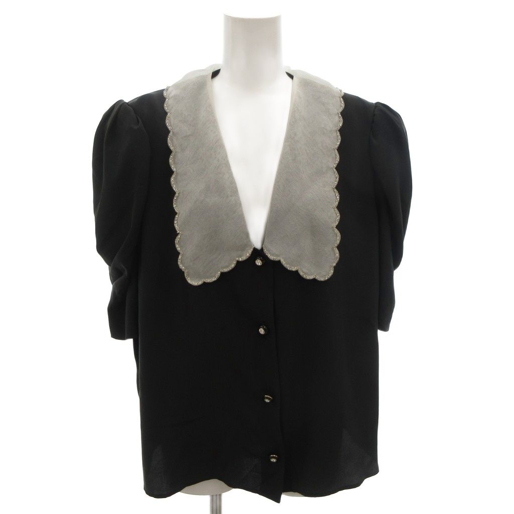 ミュウミュウ miumiu ブラウス シャツ 絹 シルク 38 黒 ブラック スカラップ襟 パフスリーブ ビジュー 半袖 FF GY 18