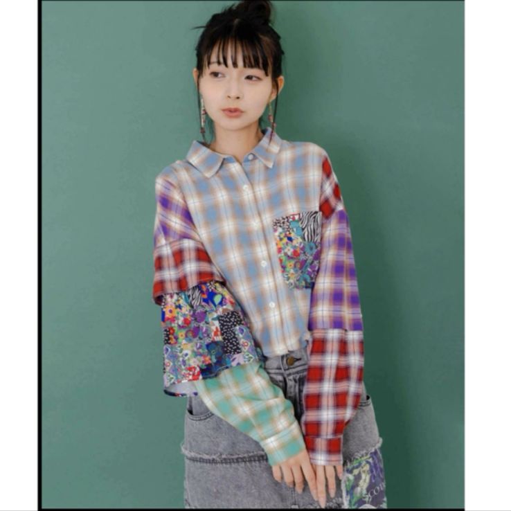 Scolar チェックと総柄のアシメパッチワークシャツ