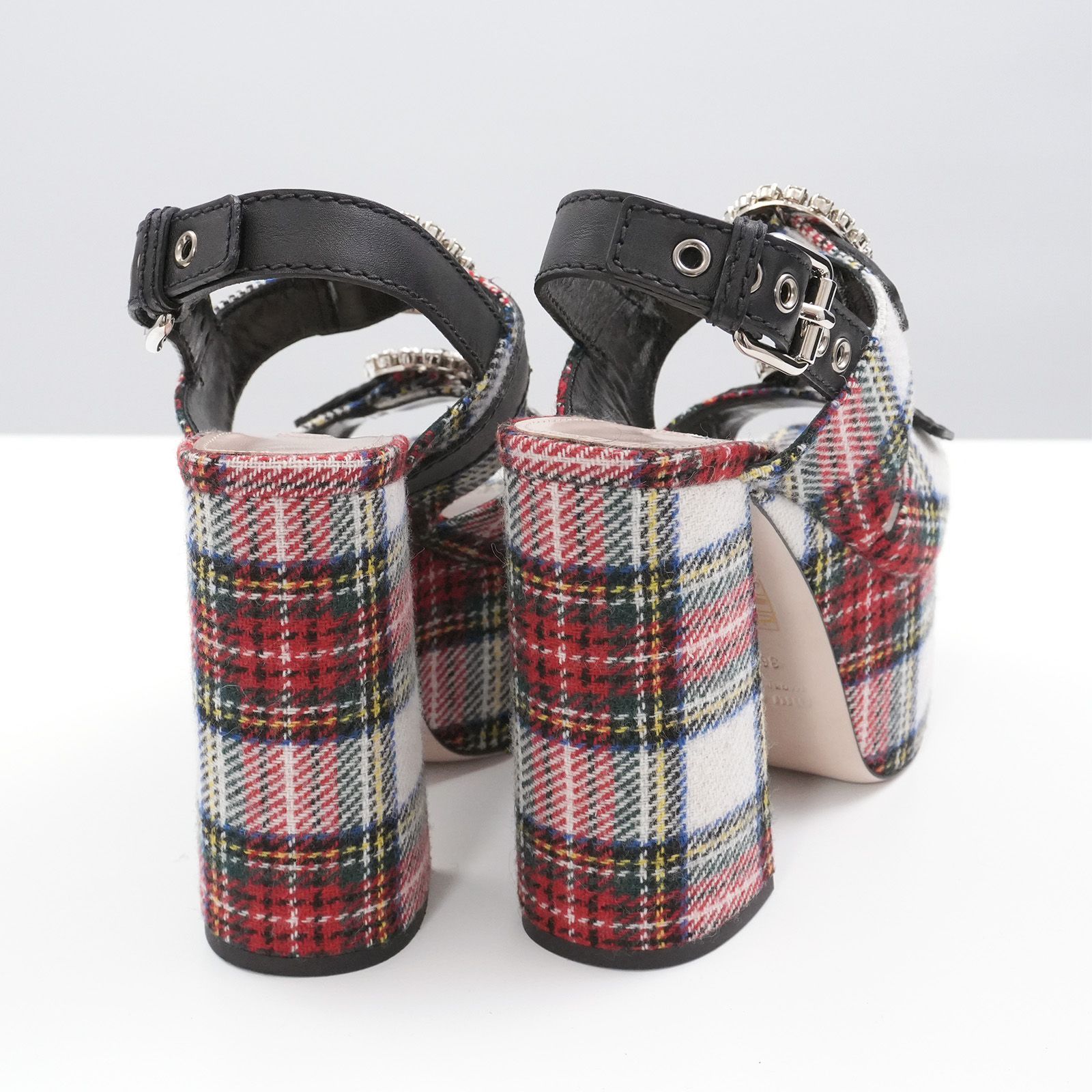 美品 ミュウミュウ ミュール サンダル チェック archive ジップ 26 美品】MiuMiu ミュウミュウ サンダル ビジュー チェック柄 - メルカリ