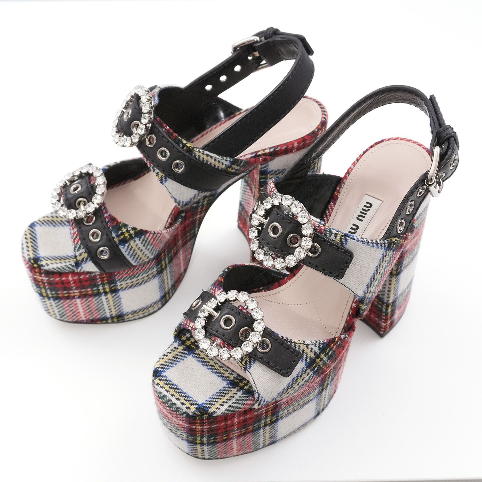 美品】MiuMiu ミュウミュウ サンダル ビジュー チェック柄 - メルカリ
