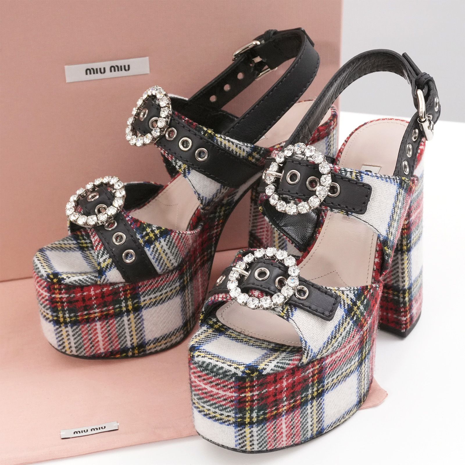 MiuMiu ミュウミュウ サンダル ビジュー チェック柄