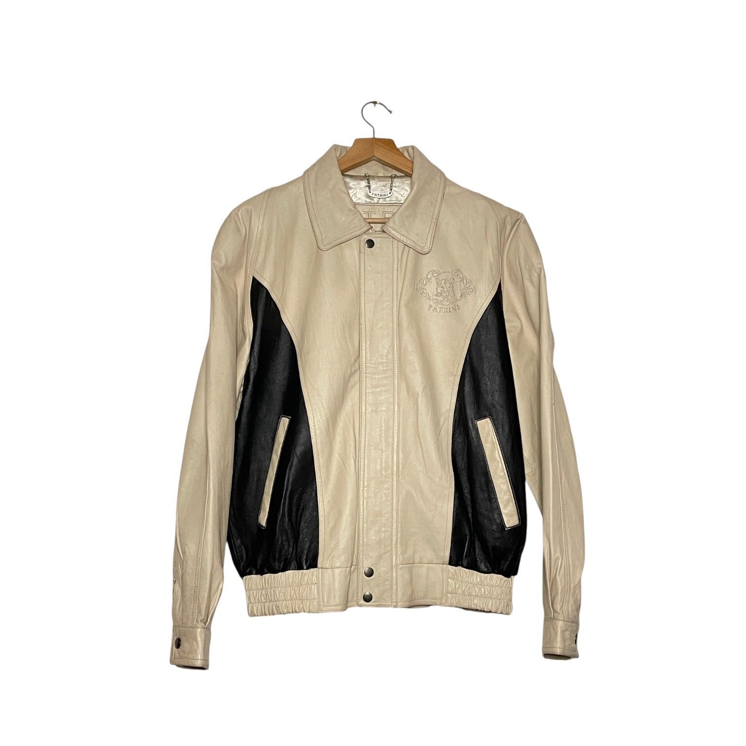 レザージャケット PATRINI パトリーニ 切り替えデザインが映える一点 ベージュ 生成り ブラック 黒 メンズXLサイズ相当