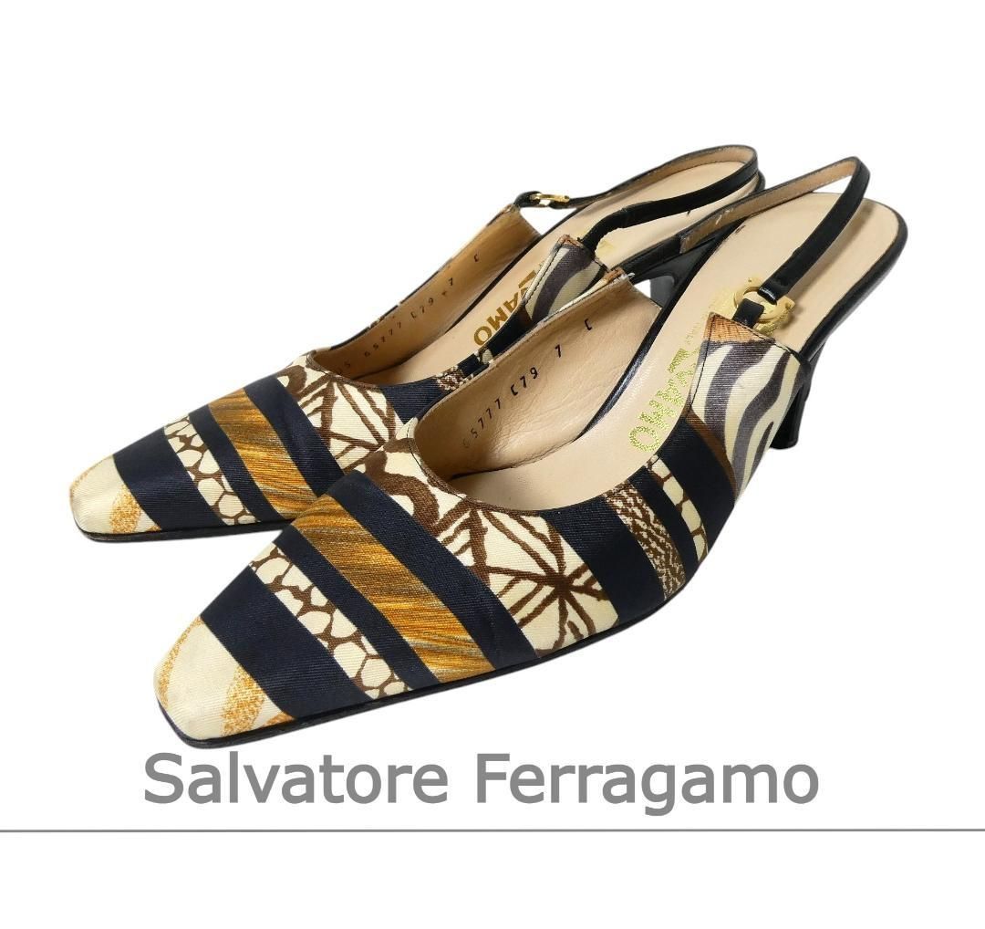 Salvatore Ferragamo サルヴァトーレフェラガモ サイズ7 C ガンチーニ スカーフ柄 総柄 サテン スクエアトゥ スリングバック ハイヒール パンプス サンダル マルチカラー