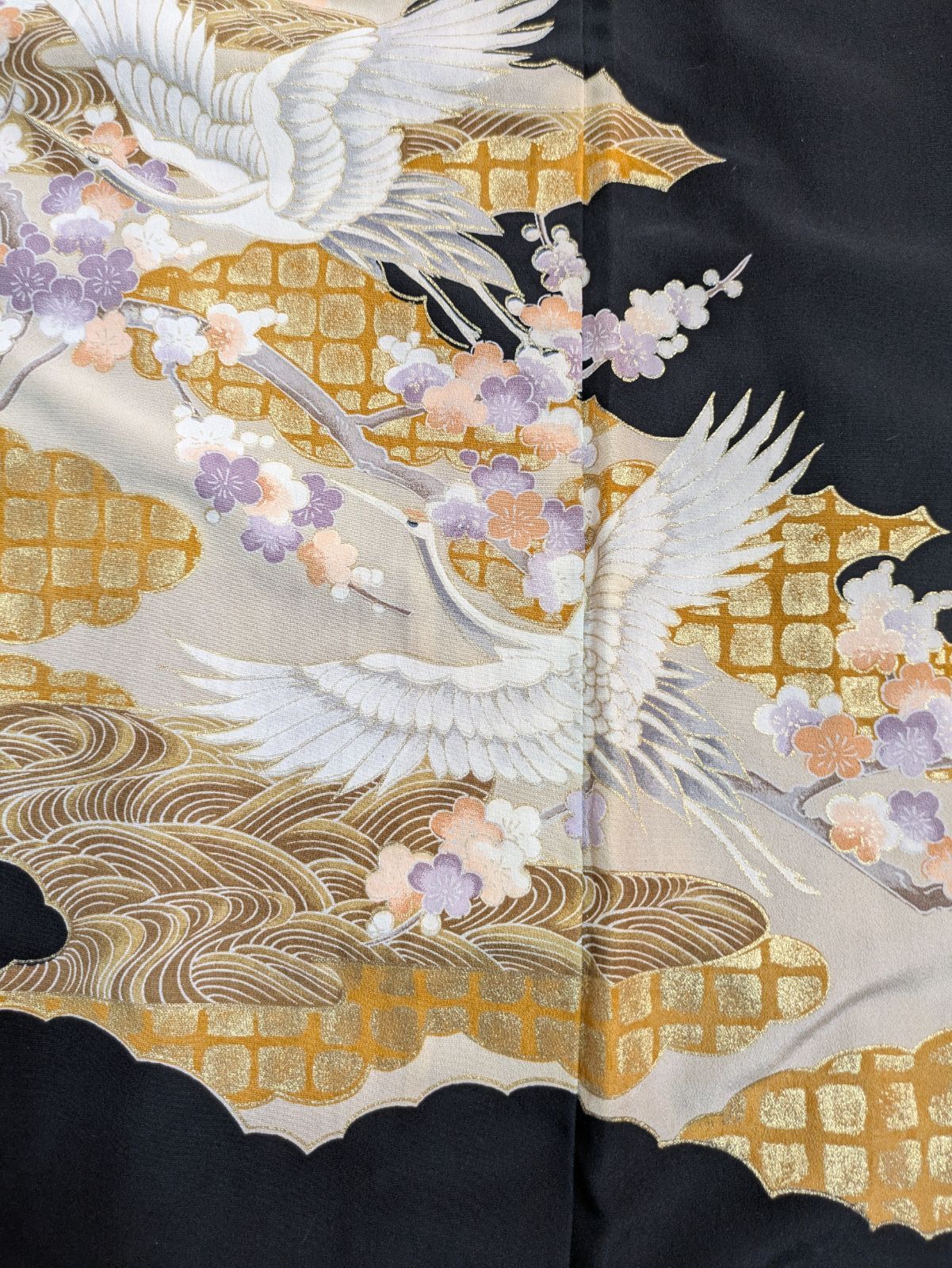 訳有り特価品 波に梅樹と飛鶴 首ゴム楽チンワンピース 着物リメイク 黒