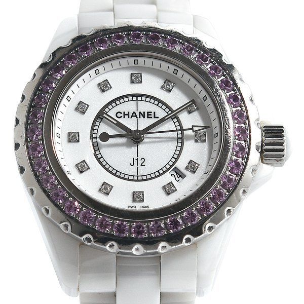 箱 ギャラ付 内部点検済 CHANEL シャネル J 12 H 2010 ピンクサファイアベゼル Pダイヤモンド クオーツ レディース