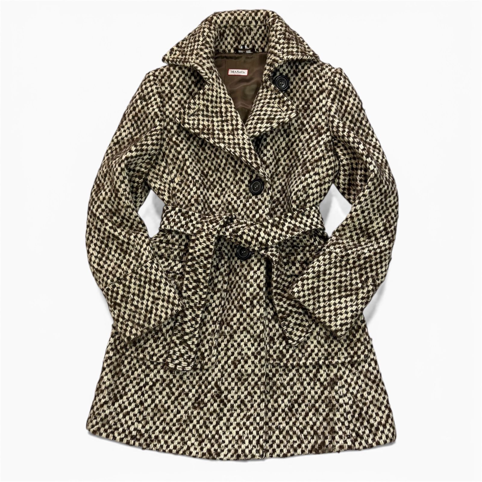 MaxMara MAX&Co. ウール ベルテッドコート M相当 伊製　美品 美品 MAXMARA MAX & CO ツイード ベルテッドコート ロングコート