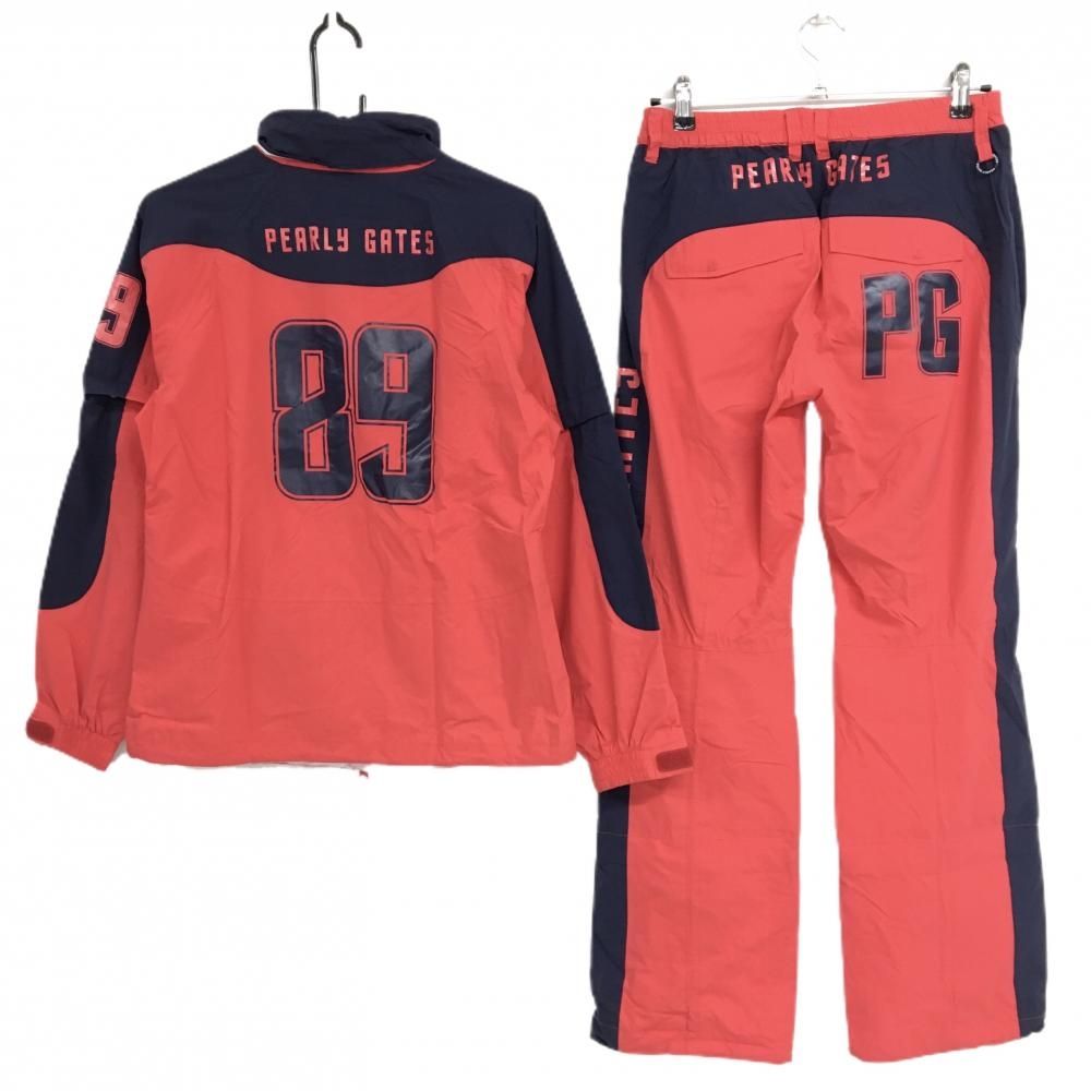 パーリーゲイツ レインウェア 2 WAYジャケット パンツ レッド ネイビー 袖 裾着脱可 収納袋 レディース L ゴルフウェア PEARLY GATES