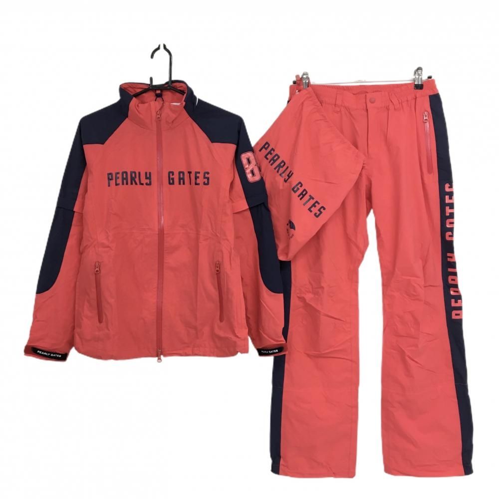 パーリーゲイツ レインウェア 2 WAYジャケット パンツ レッド ネイビー 袖 裾着脱可 収納袋 レディース L ゴルフウェア PEARLY GATES
