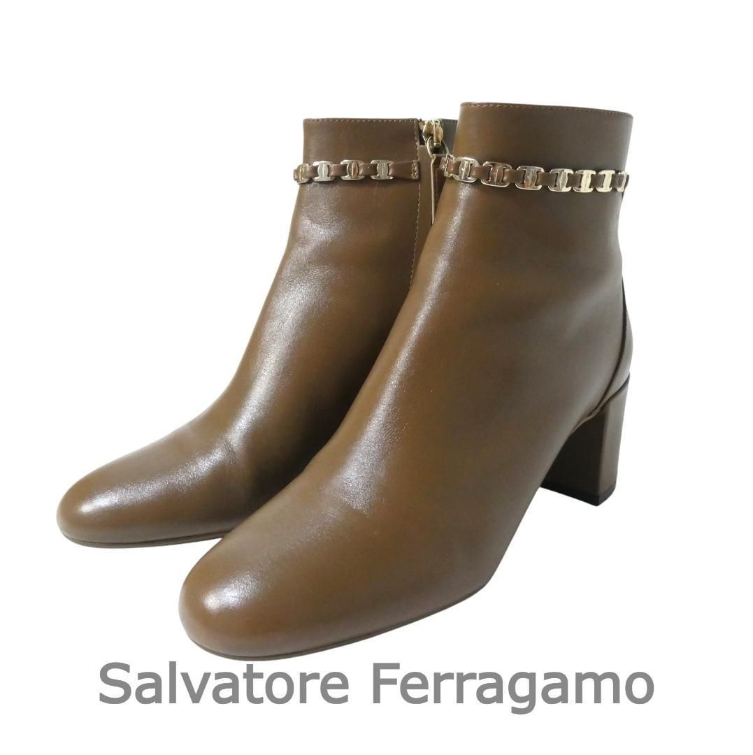 Salvatore Ferragamo サルヴァトーレフェラガモ サイズ4 5 D 約22㎝ ヴァラ GHILA ギラ カーフスキン レザー サイドジップ ラウンドトゥ チャンキーヒール ショートブーツ 茶 ブラウン レディース